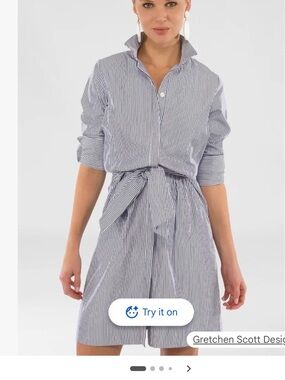Gretchen Scott Designs Navy and White Striped Button-Front Midi Shirt Dress